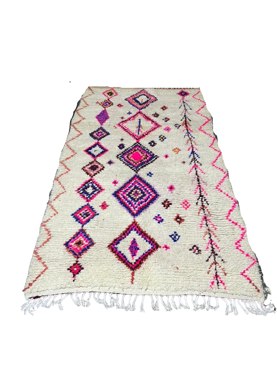 Tapis Azilal Marocain Fait Main en Laine | Motifs Diamants Vifs Rose Fuchsia et Bleu