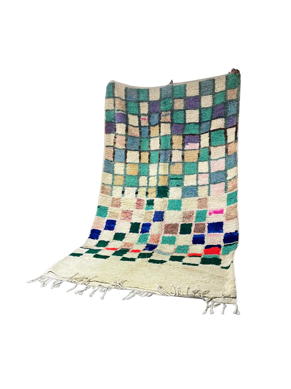 Tapis Marocain en Laine Fait Main | Motif Carreaux Multicolores Vert & Bleu | Déco Pop