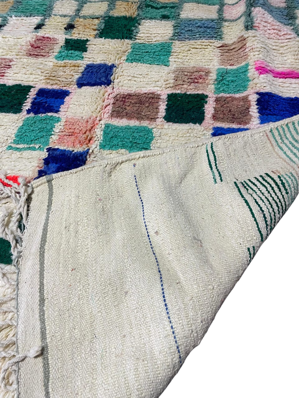 Tapis Marocain en Laine Fait Main | Motif Carreaux Multicolores Vert & Bleu | Déco Pop