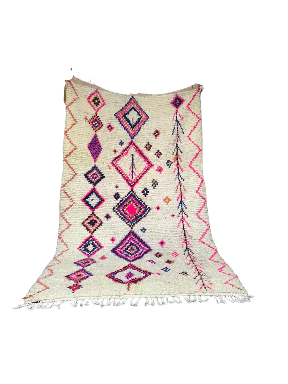 Tapis Azilal Marocain Fait Main en Laine | Motifs Diamants Vifs Rose Fuchsia et Bleu