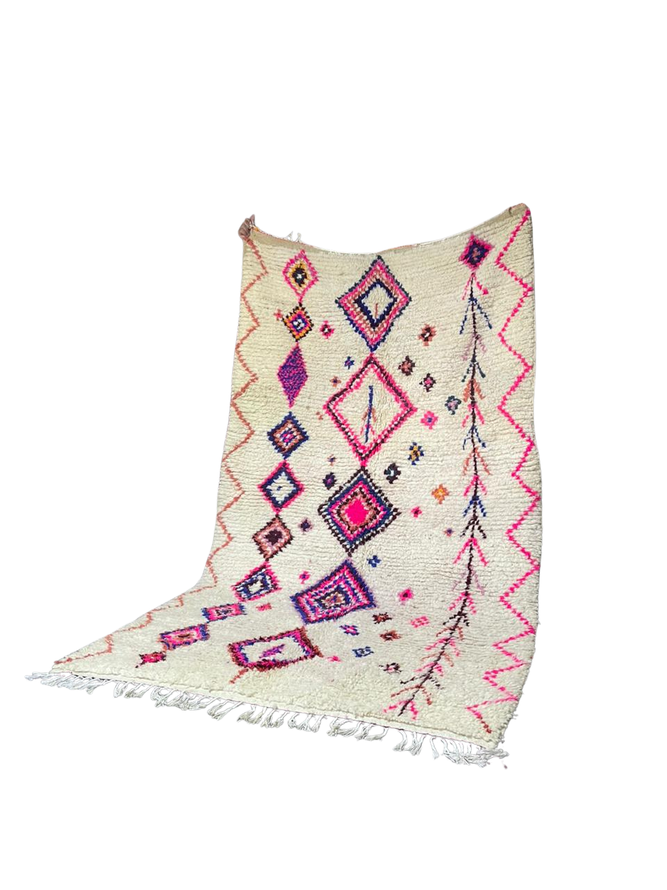 Tapis Azilal Marocain Fait Main en Laine | Motifs Diamants Vifs Rose Fuchsia et Bleu