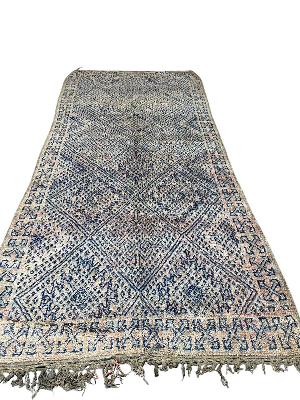 Tapis Marocain Vintage Fait Main | Motif Losanges Détaillés Bleu Indigo & Rose Pâle | Boujad/Azilal