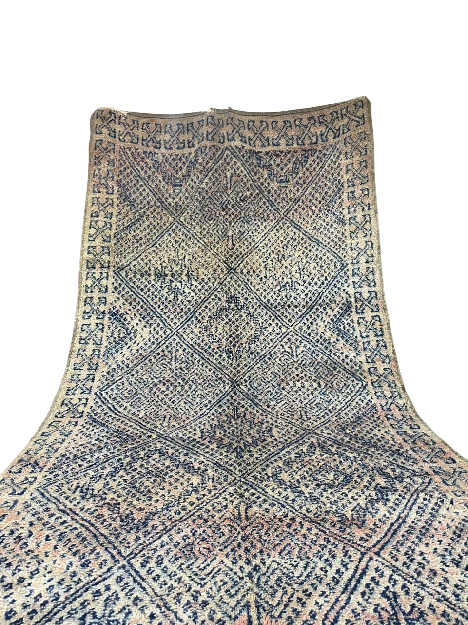 Tapis Marocain Vintage Fait Main | Motif Losanges Détaillés Bleu Indigo & Rose Pâle | Boujad/Azilal