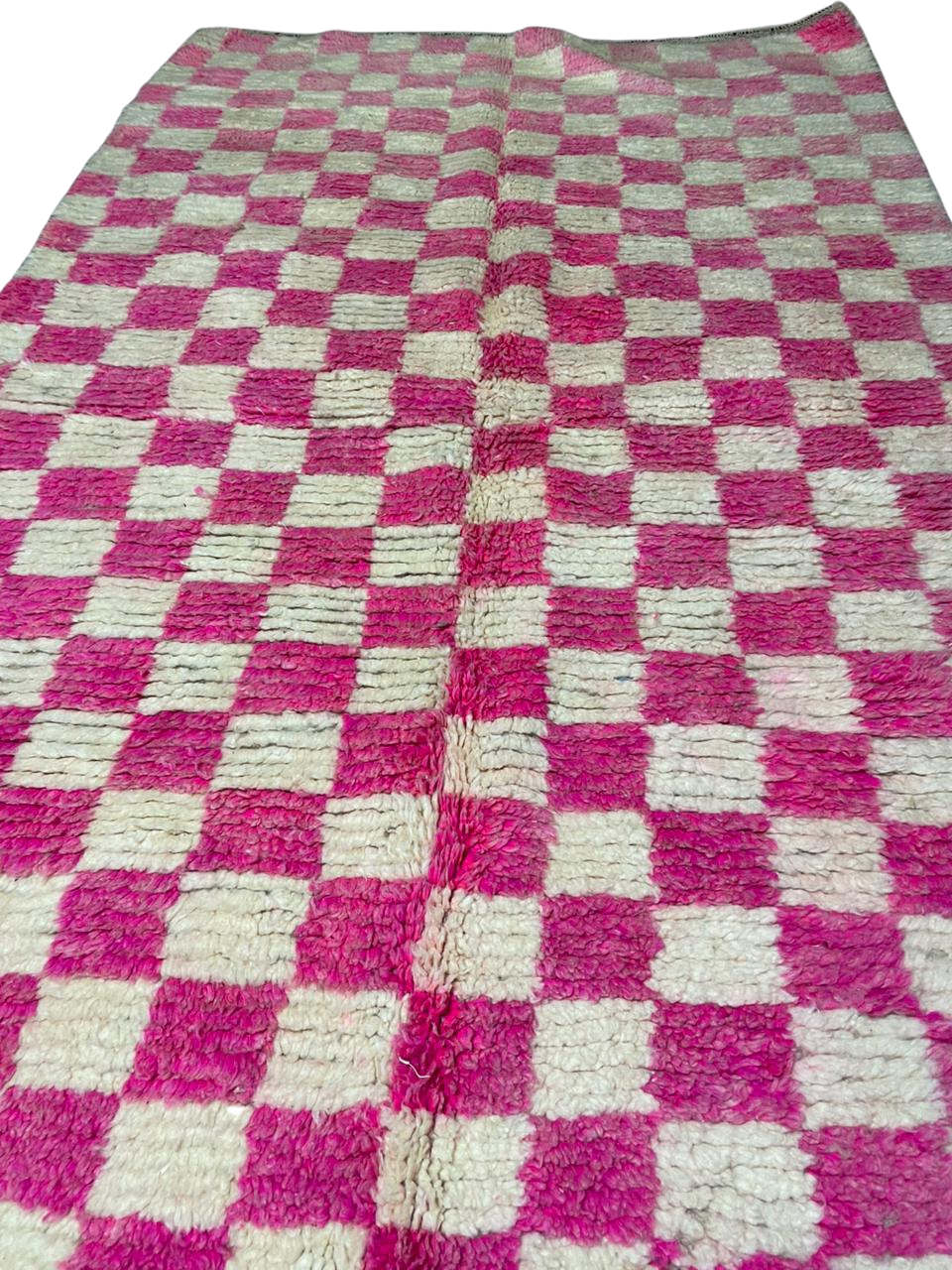 Tapis Marocain en Laine Fait Main | Grand Damier Rose Fuchsia & Blanc | Style Pop