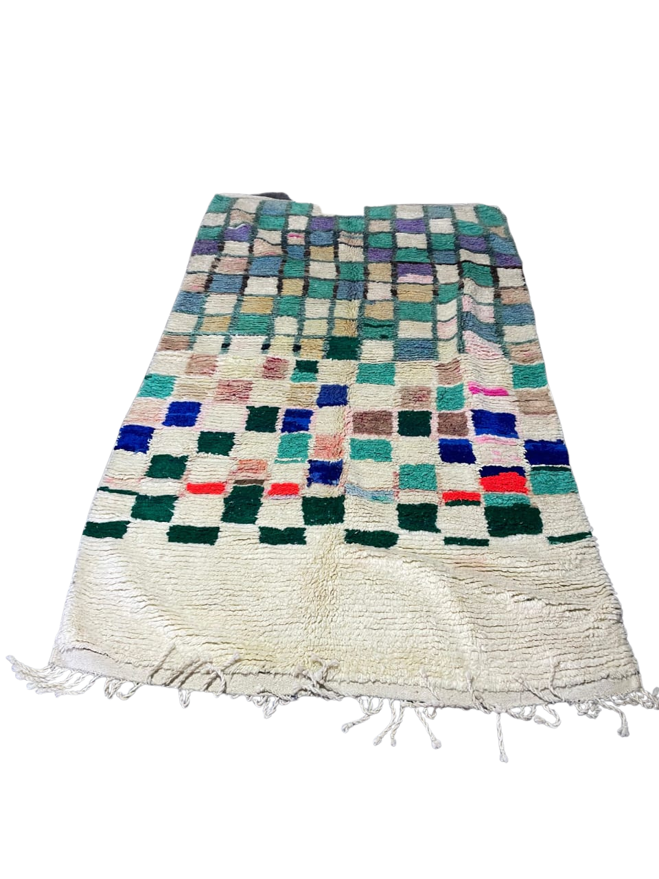 Tapis Marocain en Laine Fait Main | Motif Carreaux Multicolores Vert & Bleu | Déco Pop